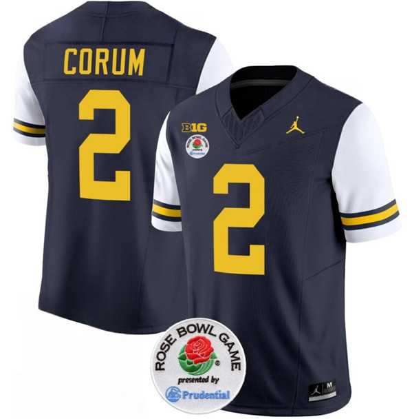 Mens Michigan Wolverines #2 Blake Corum 2023 F.U.S.E. Navy White Rose Bowl Patch Stitched Jersey Dzhi